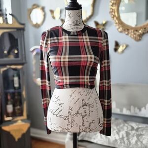 Stretch Plaid Indie Sleaze Long Sleeve Blouse Small